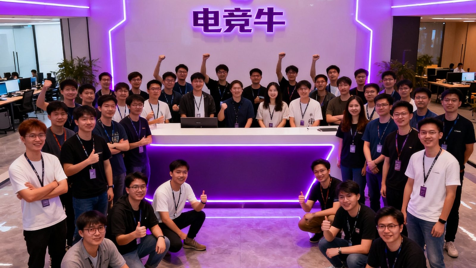 电竞牛深圳总部团队合影，280余名员工在公司前台大厅拍摄，背景是电竞牛品牌LOGO墙和紫色霓虹灯光，展现了年轻多元化的技术团队精神面貌