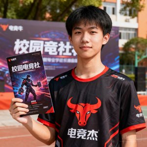 电竞牛校园大使阿杰的半身照，21岁的他是广州某大学电竞社社长，穿着电竞牛品牌T恤，通过电竞牛组织过多次校园观赛活动和校内联赛